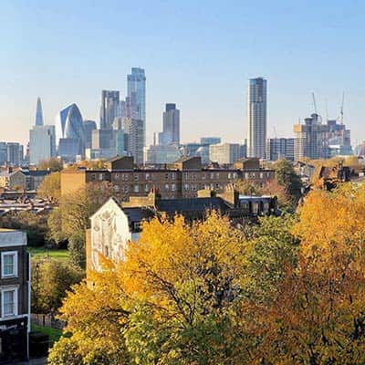 An autumnal view towards London's city skyline